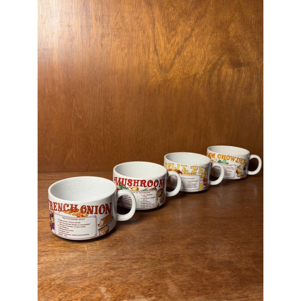 1970s VTG Recipe Soup Mugs Set of 4 French Onion Clam Chowder Split Pea Mushroom - Picture 2 of 15